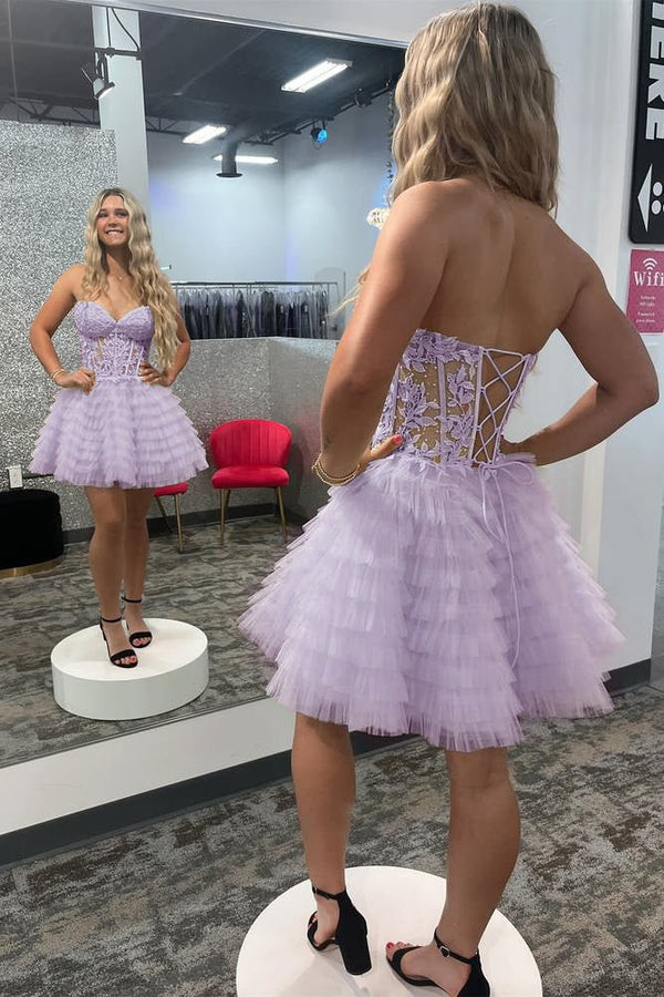 A-Line Ruffled Yellow Strapless Corset Short Homecoming Dress - KissProm
