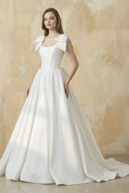 A-Line Satin Ball Gown with Bow in White – Dress by KissProm | Available at KissProm