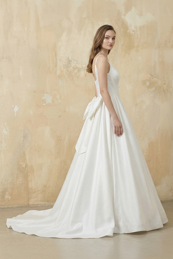 A-Line Satin Ball Gown with Bow in White – Dress by KissProm | Available at KissProm