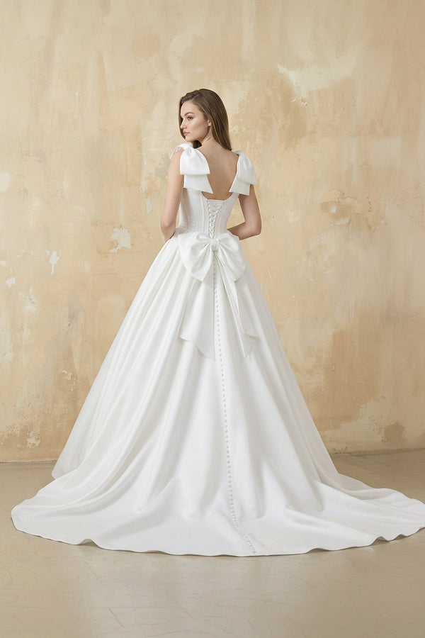 A-Line Satin Ball Gown with Bow in White – Dress by KissProm | Available at KissProm