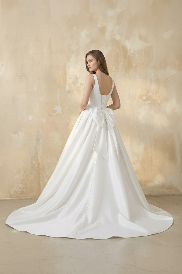 A-Line Satin Ball Gown with Bow in White – Dress by KissProm | Available at KissProm