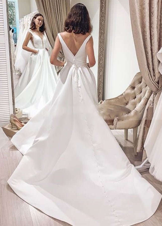 Elegant A-line Sleeveless V-Back Satin Bridal Dresses with Pockets