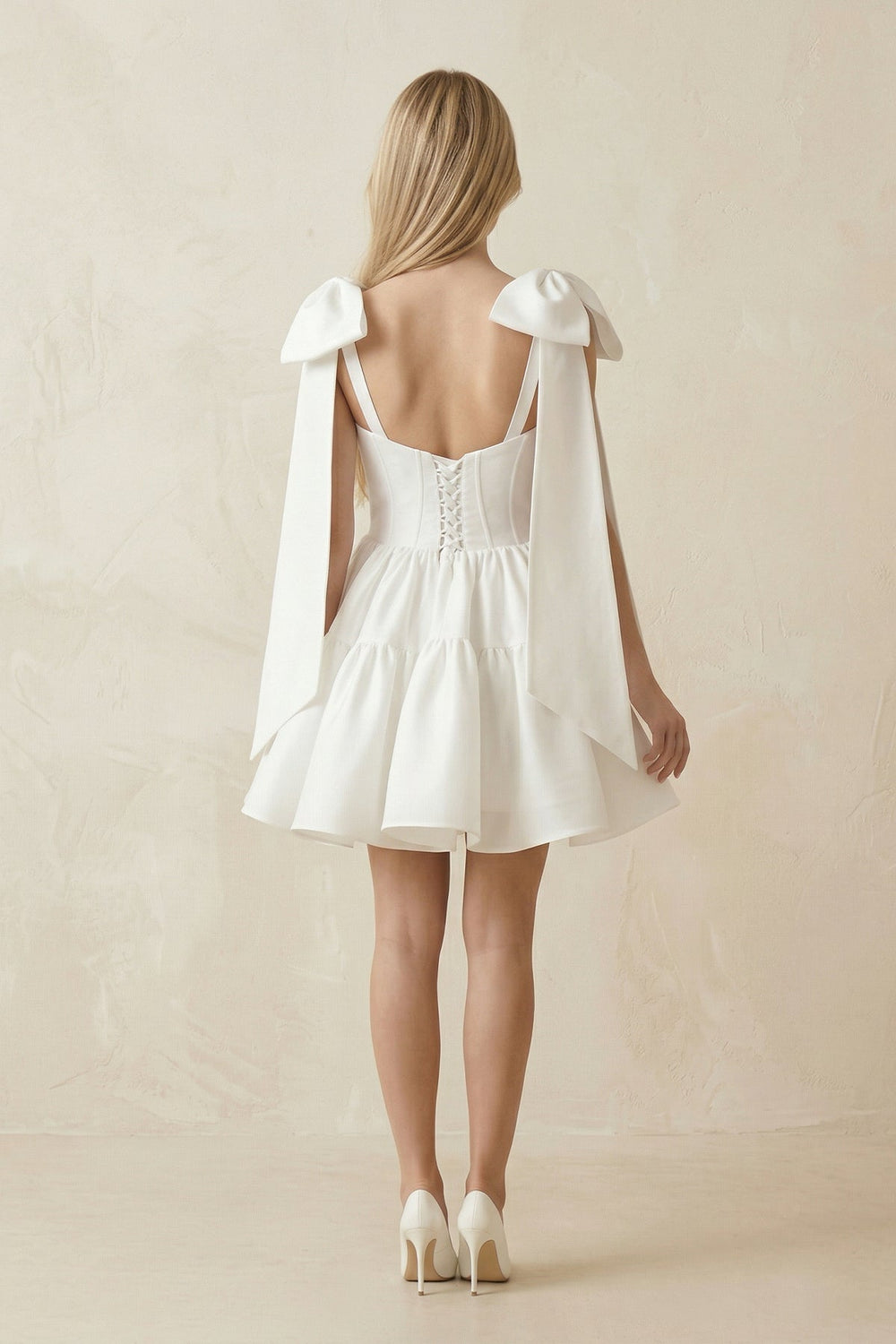 A - Line Satin Corset Mini Wedding Dress With Bow in White - KissProm Wedding Dresses