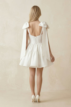 A - Line Satin Corset Mini Wedding Dress With Bow in White - KissProm Wedding Dresses