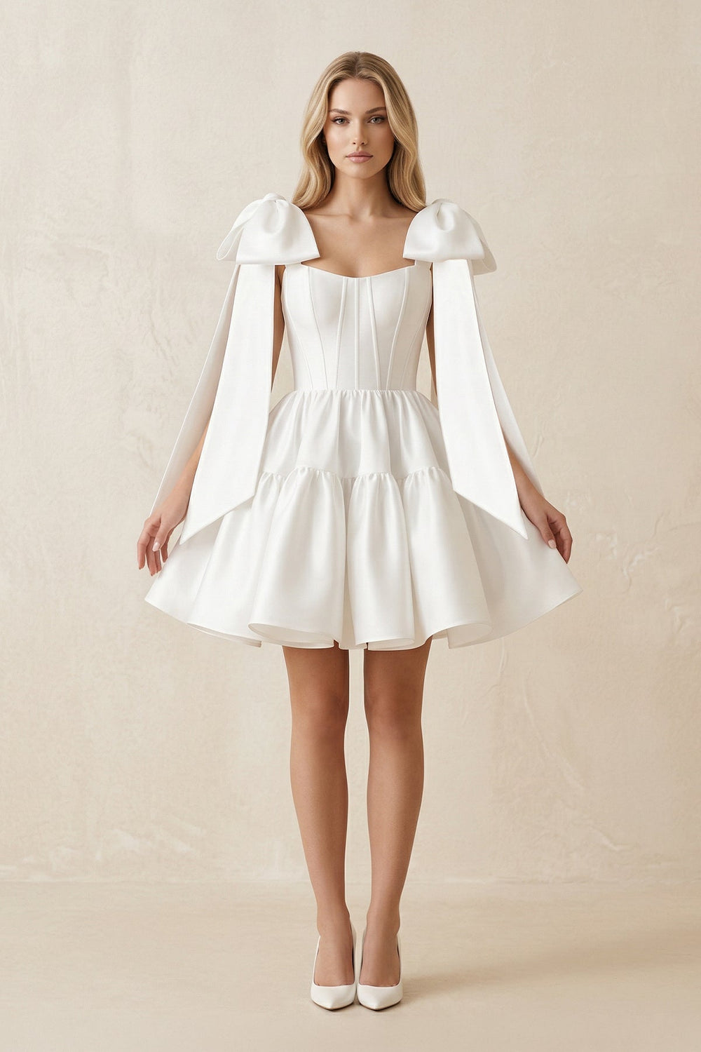 KissProm A-Line Satin Corset Mini Wedding Dress With Bow in White, White / 26