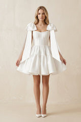 A - Line Satin Corset Mini Wedding Dress With Bow in White - KissProm Wedding Dresses