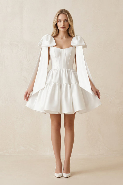 A - Line Satin Corset Mini Wedding Dress With Bow in White - KissProm Wedding Dresses