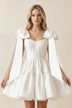 A - Line Satin Corset Mini Wedding Dress With Bow in White - KissProm Wedding Dresses