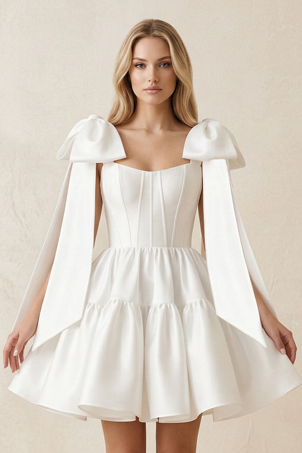 A - Line Satin Corset Mini Wedding Dress With Bow in White - KissProm Wedding Dresses