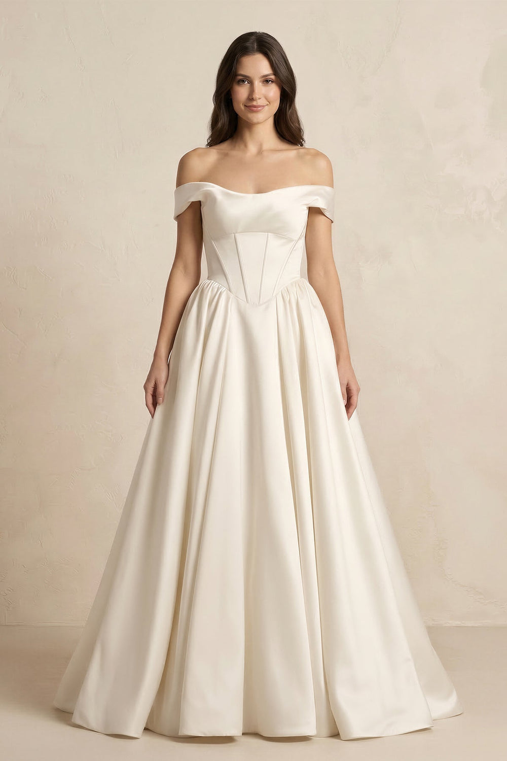 A - Line Satin Off - the - Shoulder Corset Wedding Dress in Ivory - KissProm Wedding Dresses