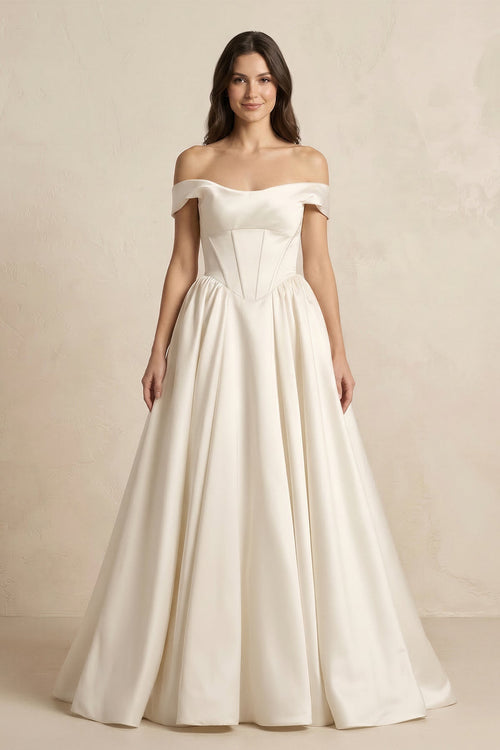 A - Line Satin Off - the - Shoulder Corset Wedding Dress in Ivory - KissProm Wedding Dresses