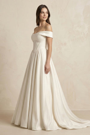A - Line Satin Off - the - Shoulder Corset Wedding Dress in Ivory - KissProm Wedding Dresses