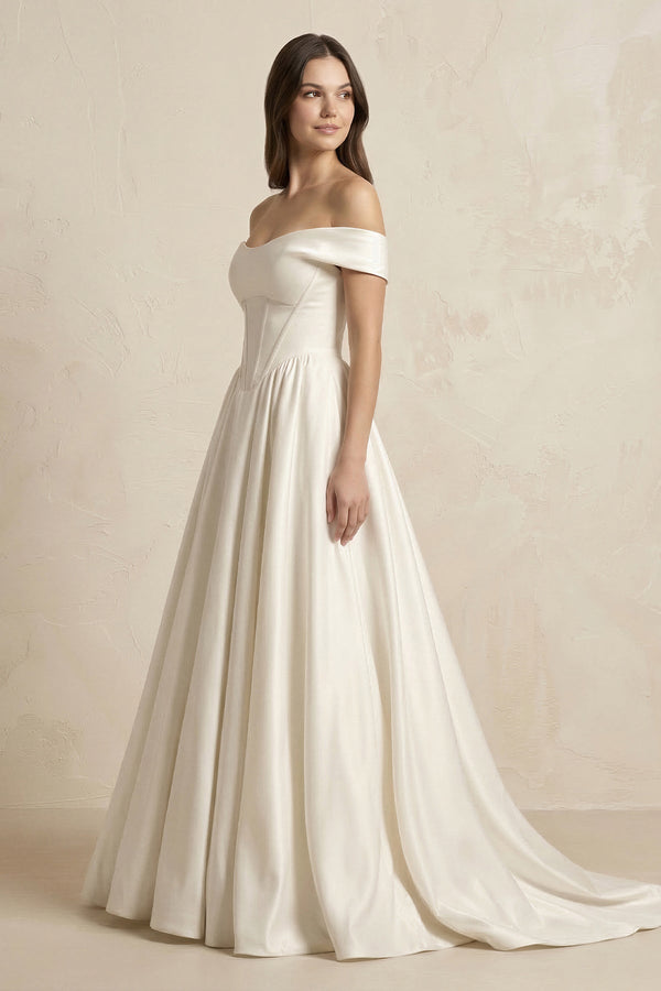 A - Line Satin Off - the - Shoulder Corset Wedding Dress in Ivory - KissProm Wedding Dresses