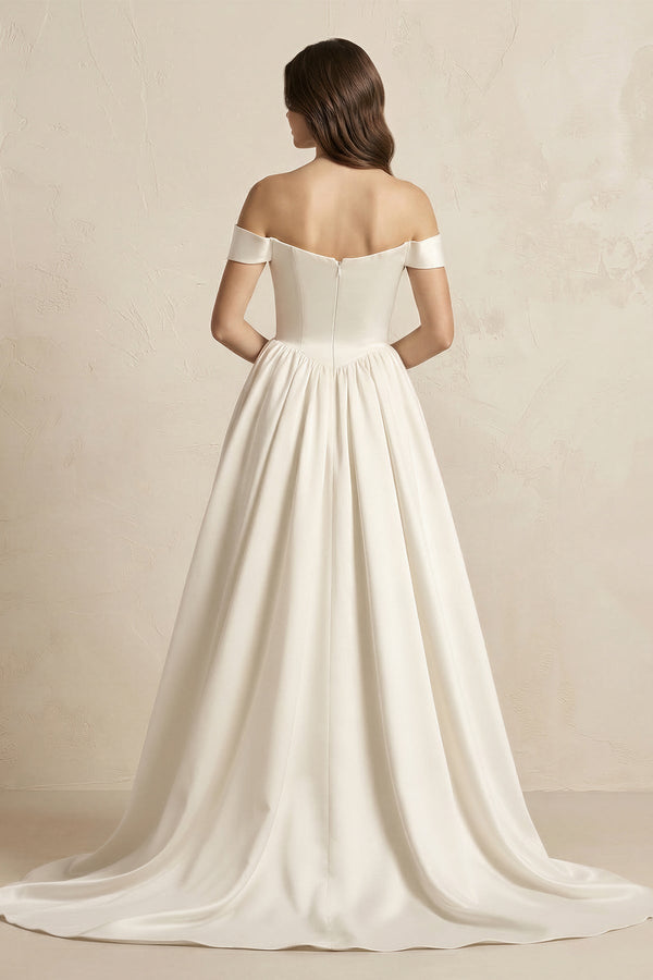 A - Line Satin Off - the - Shoulder Corset Wedding Dress in Ivory - KissProm Wedding Dresses