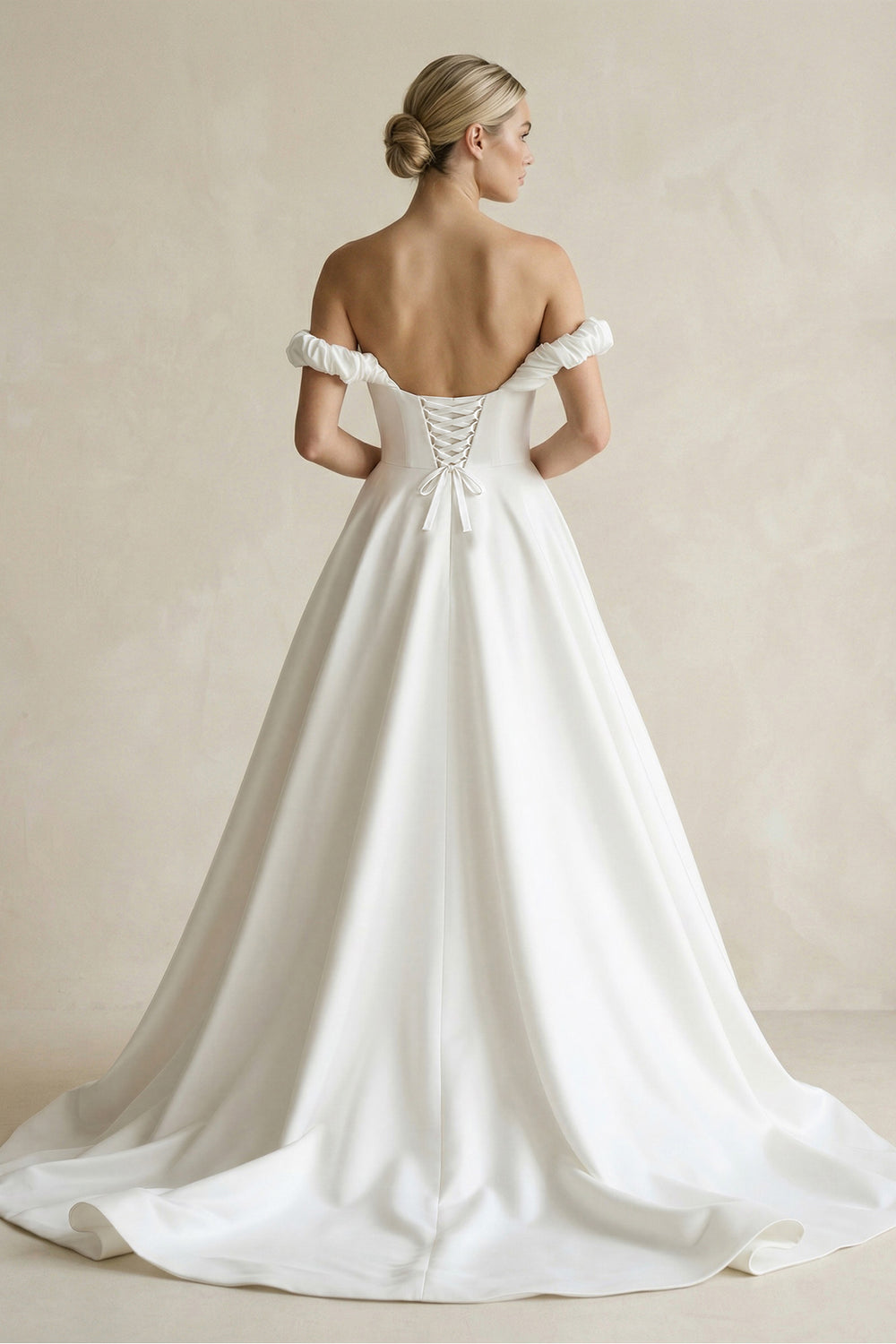 A-Line Satin Off the Shoulder Wedding Dresses with Slit – Wedding Dresses by KissProm | Available at KissProm