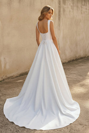 Ginevra | A-line Off-the-Shoulder Sleeveless Satin Simple Bride Wedding Dress-KissProm