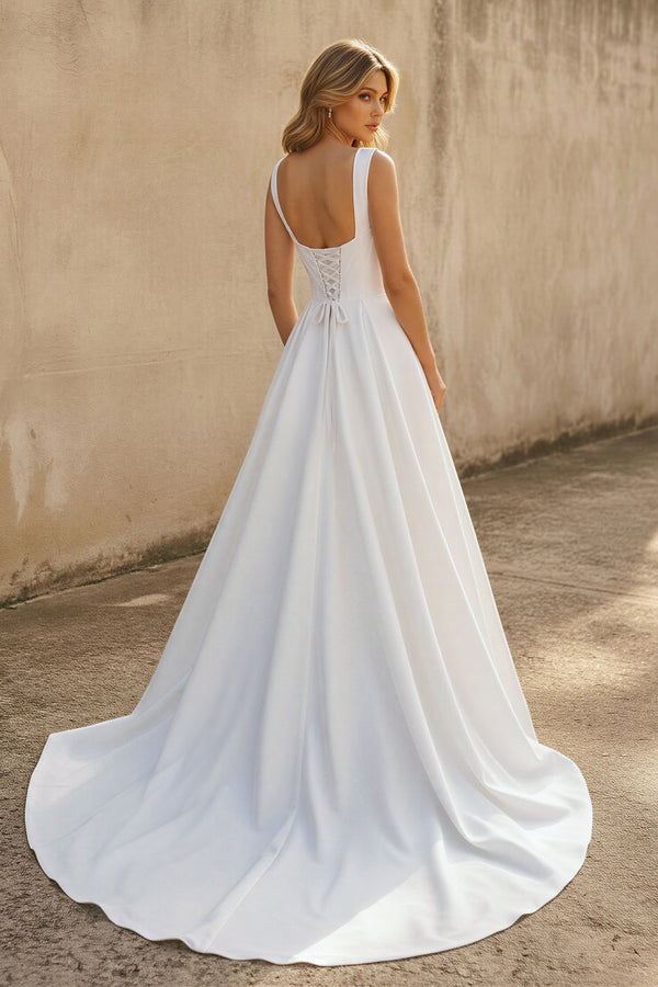 Ginevra | A-line Off-the-Shoulder Sleeveless Satin Simple Bride Wedding Dress-KissProm