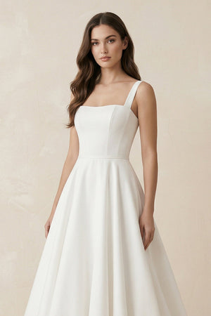 A - Line Satin Square Neck Maxi Wedding Dress in White - KissProm Wedding Dresses