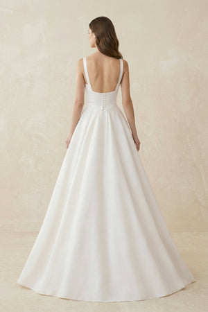A - Line Satin Square Neck Maxi Wedding Dress in White - KissProm Wedding Dresses