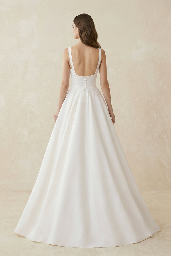 A - Line Satin Square Neck Maxi Wedding Dress in White - KissProm Wedding Dresses