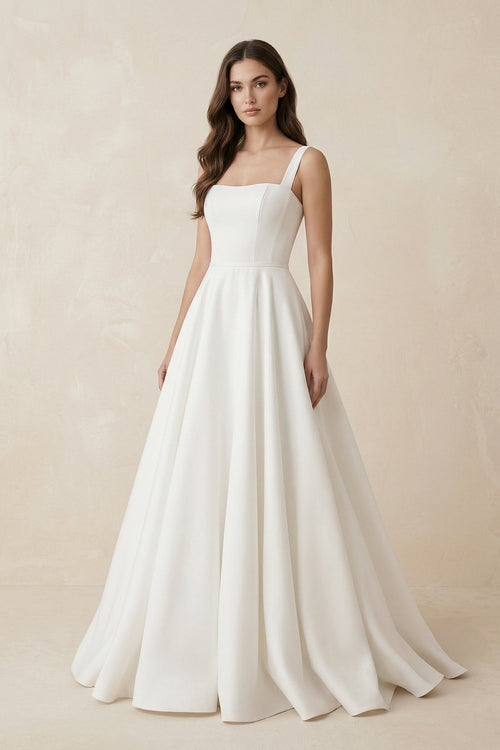 A - Line Satin Square Neck Maxi Wedding Dress in White - KissProm Wedding Dresses