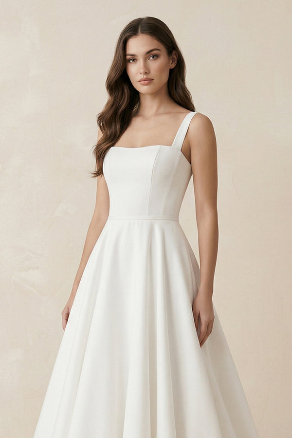 Simple A-Line Square Neck Satin Wedding Dress – Wedding Dresses by KissProm | Available at KissProm
