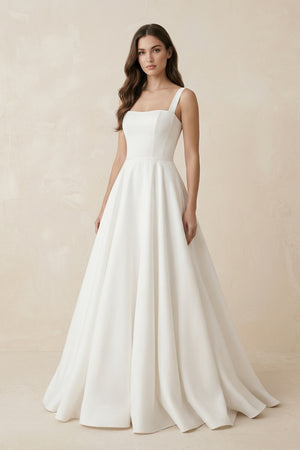 Simple A-Line Square Neck Satin Wedding Dress – Wedding Dresses by KissProm | Available at KissProm