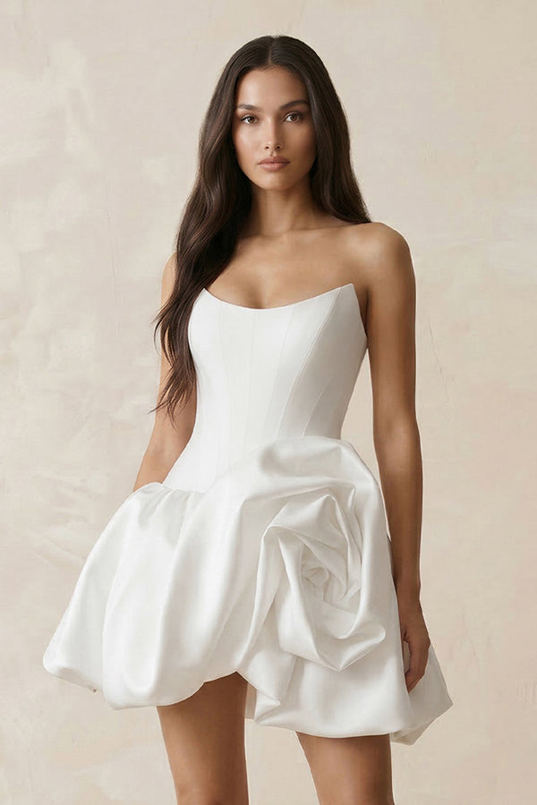 A - Line Satin Strapless Mini Ruched Wedding Dress in White - KissProm Wedding Dresses