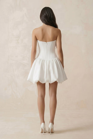 A - Line Satin Strapless Mini Ruched Wedding Dress in White - KissProm Wedding Dresses