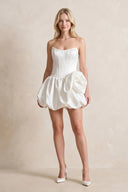 A-Line Satin Strapless Mini Ruched Wedding Dress in White - KissProm