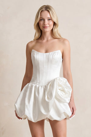 A-Line Satin Strapless Mini Ruched Wedding Dress in White - KissProm