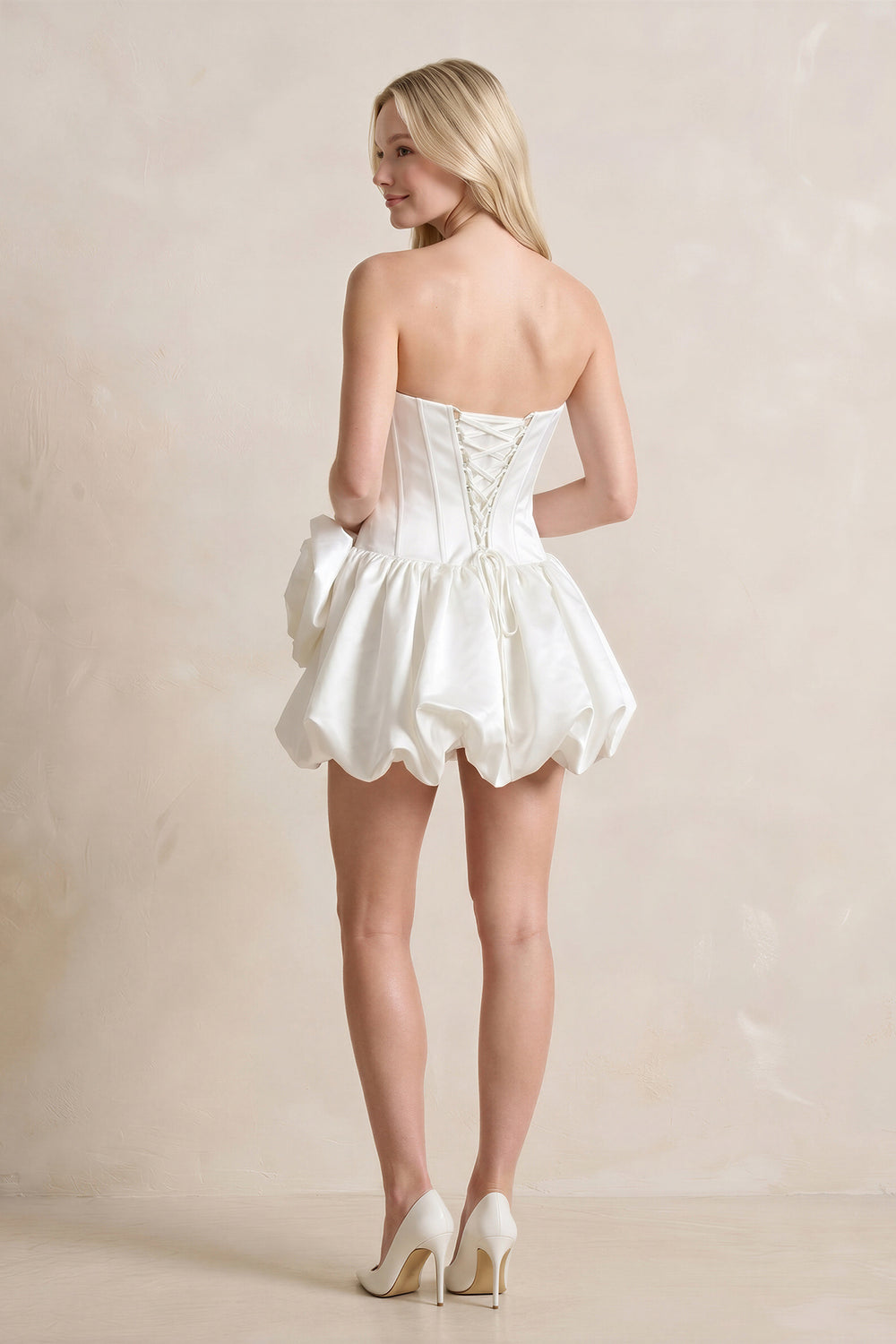 A-Line Satin Strapless Mini Ruched Wedding Dress in White - KissProm