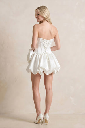 A-Line Satin Strapless Mini Ruched Wedding Dress in White - KissProm