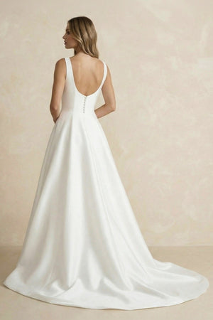 A Line Satin Sweep Train Wedding Dress in Ivory - KissProm Wedding Dresses