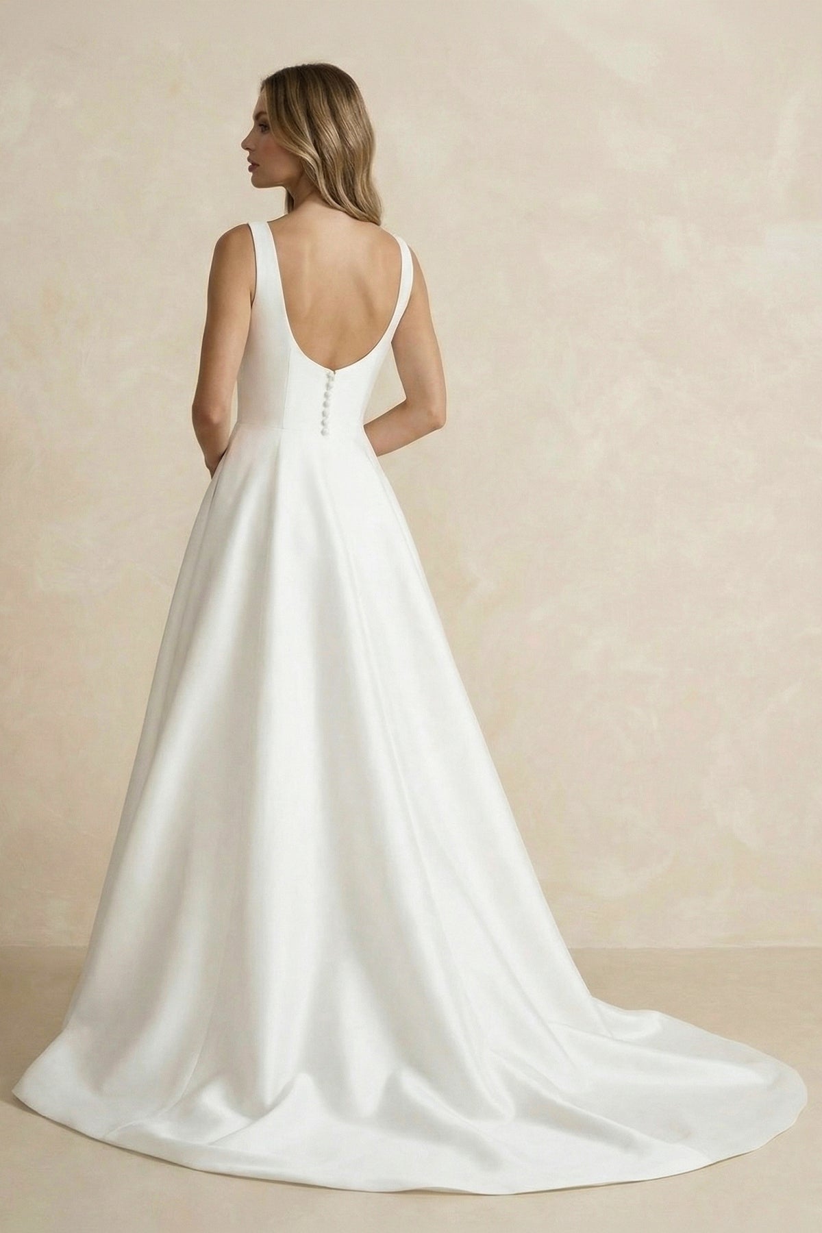 Simple A-Line Square Neck White Satin Wedding Dresses