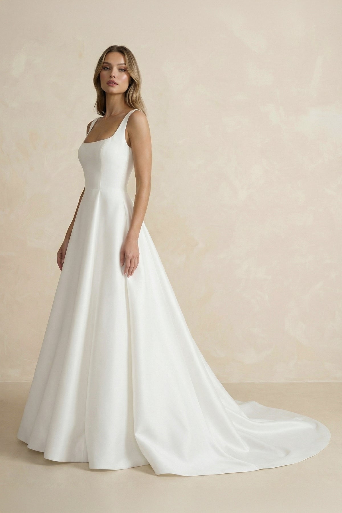 Simple A-Line Square Neck White Satin Wedding Dresses, Diamond White / 24