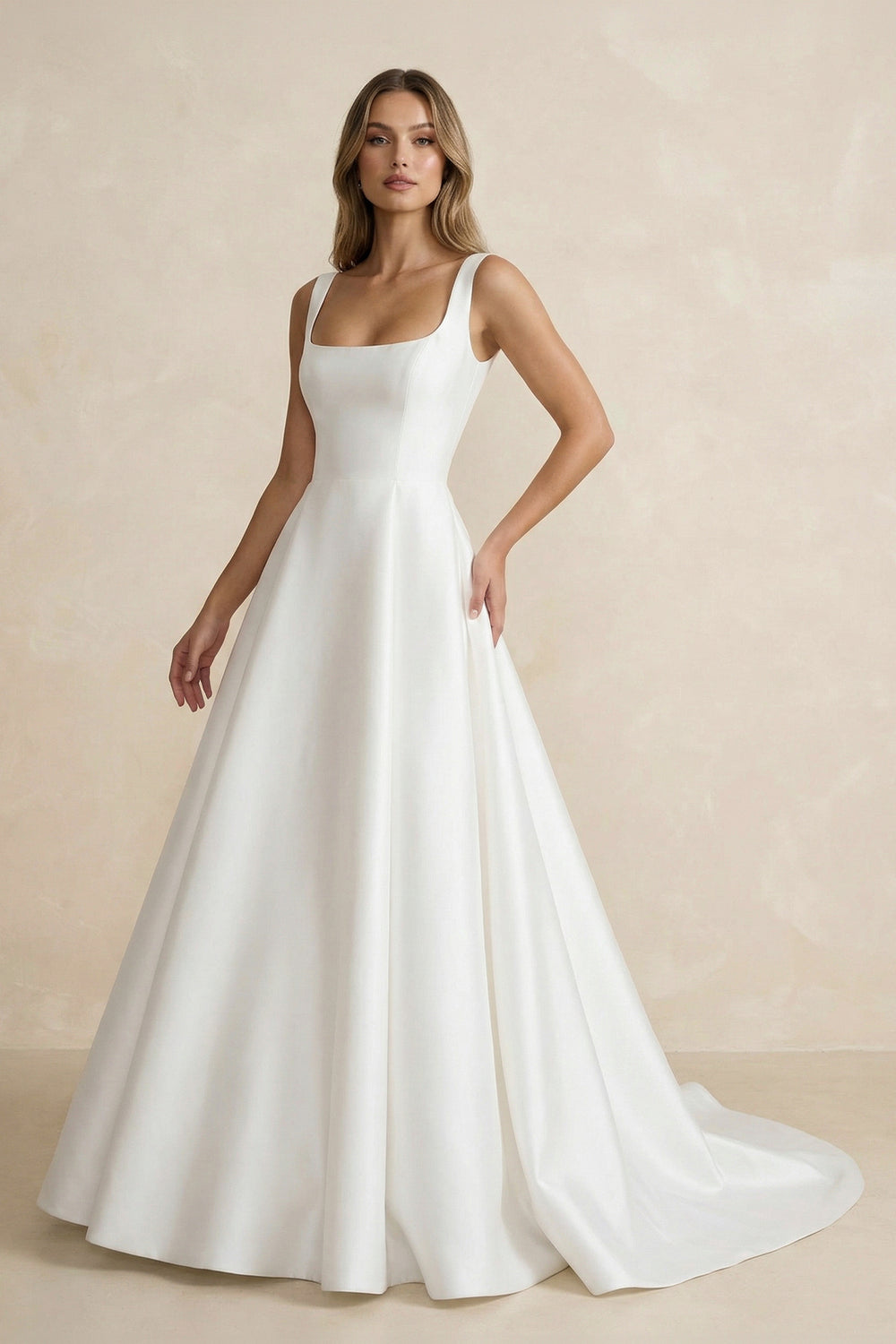 Simple A-Line Square Neck White Satin Wedding Dresses – Wedding Dresses by Kissprom | Available at KissProm