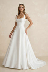 Simple A-Line Square Neck White Satin Wedding Dresses – Wedding Dresses by Kissprom | Available at KissProm