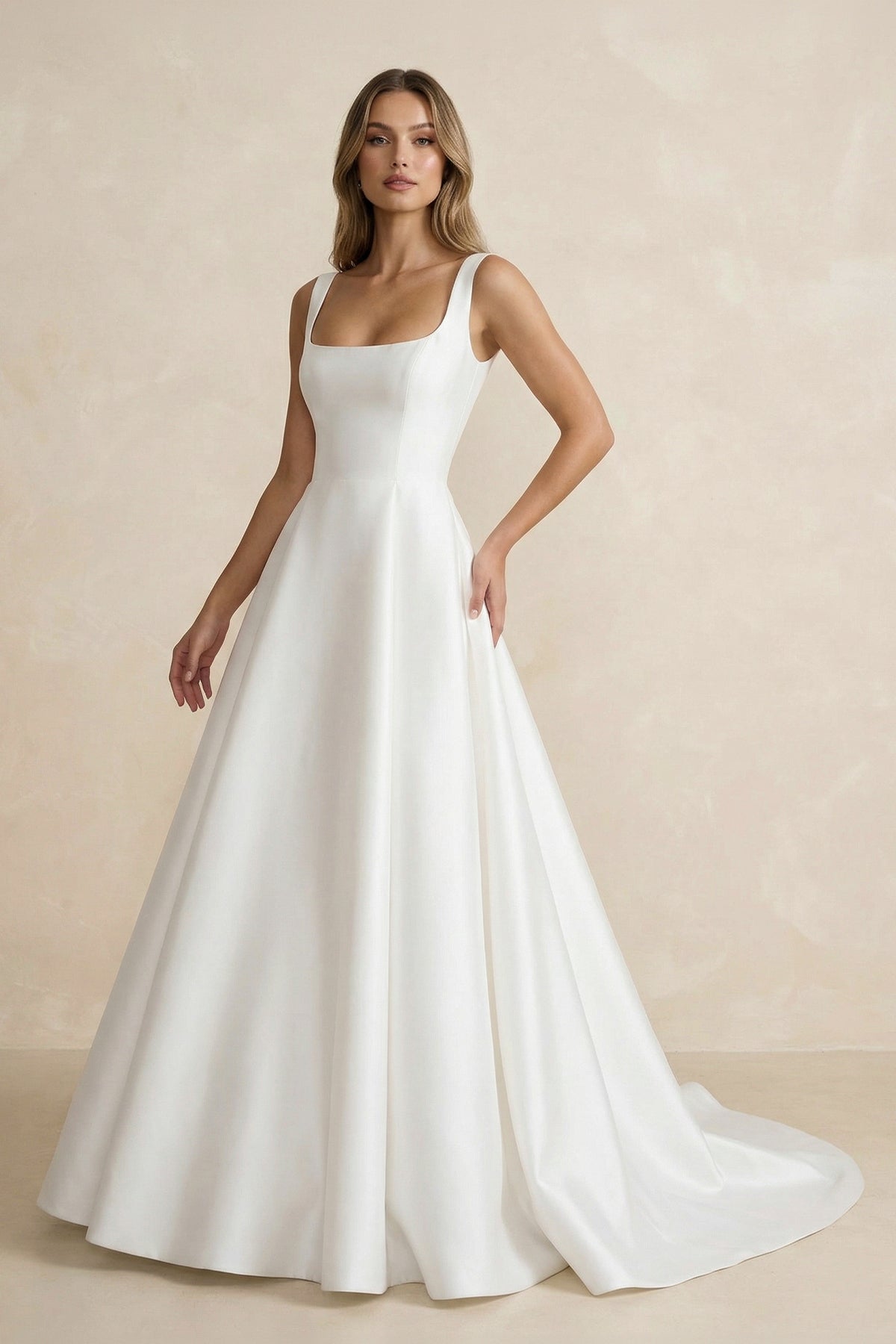 KissProm Simple A-Line Square Neck White Satin Wedding Dresses, Diamond White / 24
