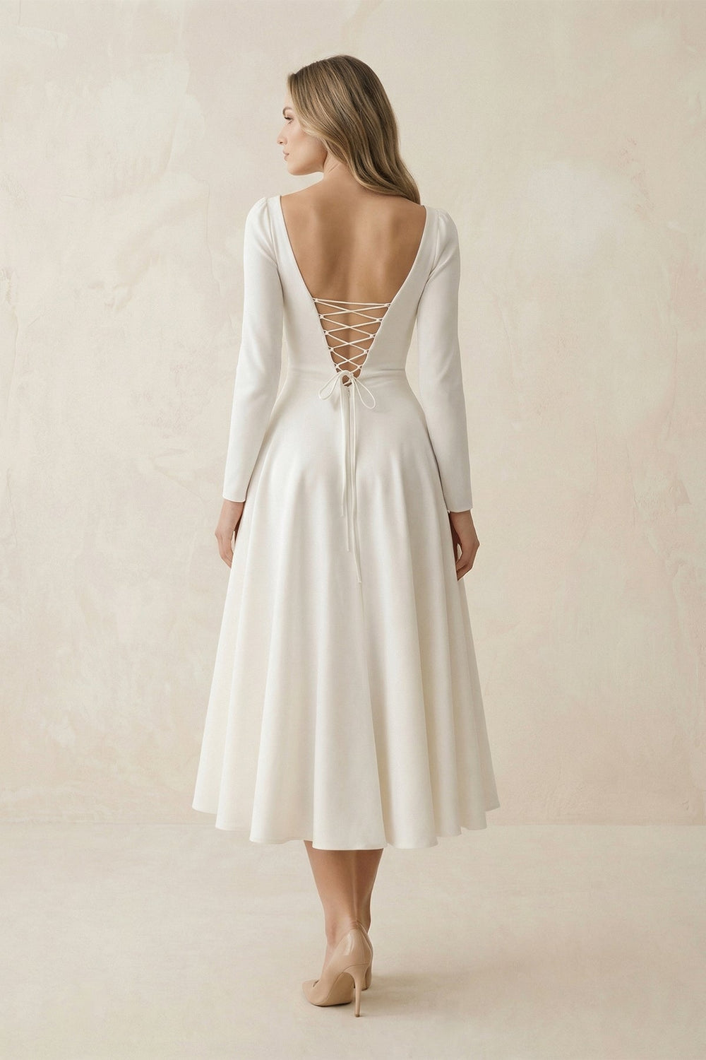 A - Line Satin V - Neck Long Sleeve Wedding Dress in White - KissProm Wedding Dresses