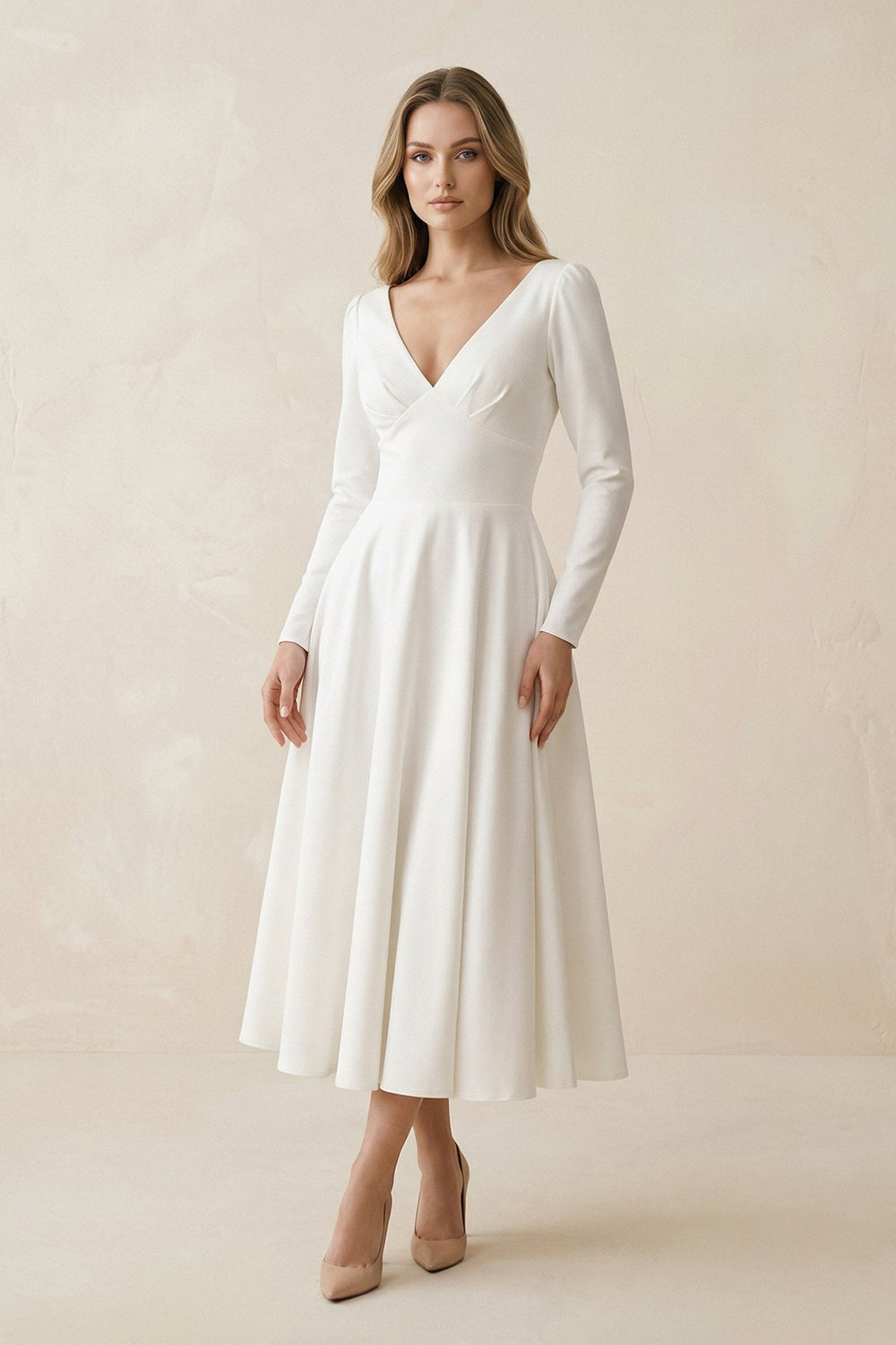 A - Line Satin V - Neck Long Sleeve Wedding Dress in White - KissProm Wedding Dresses