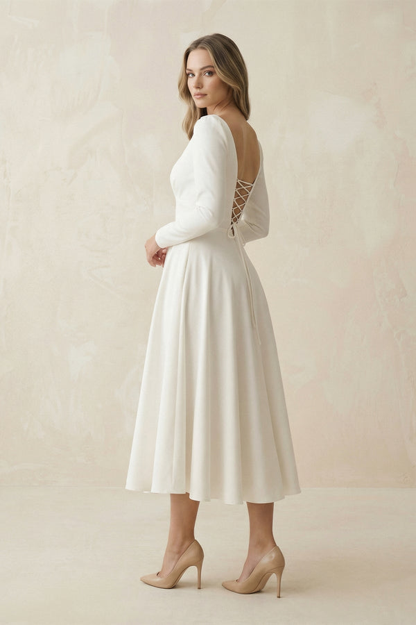 A - Line Satin V - Neck Long Sleeve Wedding Dress in White - KissProm Wedding Dresses