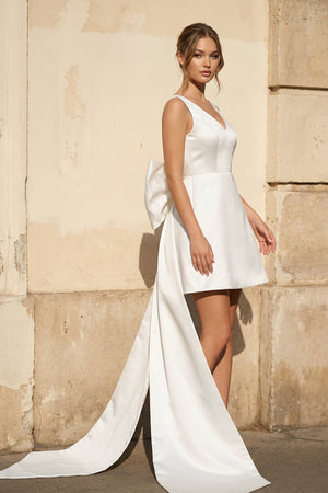Karelia | A - Line Satin V - Neck Short Wedding Dress with Large Bow  – Wedding Dresses by KissProm | Available at KissProm