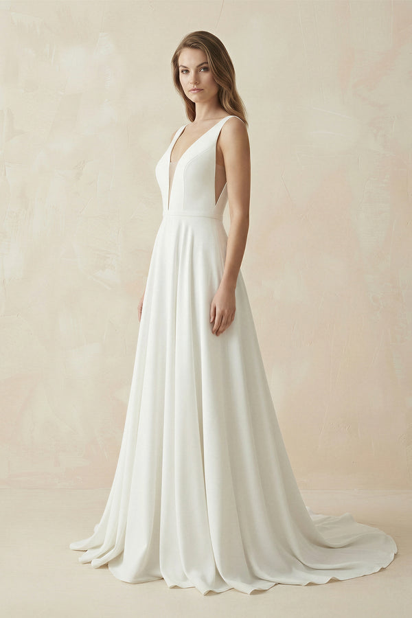 A - Line Satin V - Neck Wedding Dress With Illusion Corset - KissProm Wedding Dresses