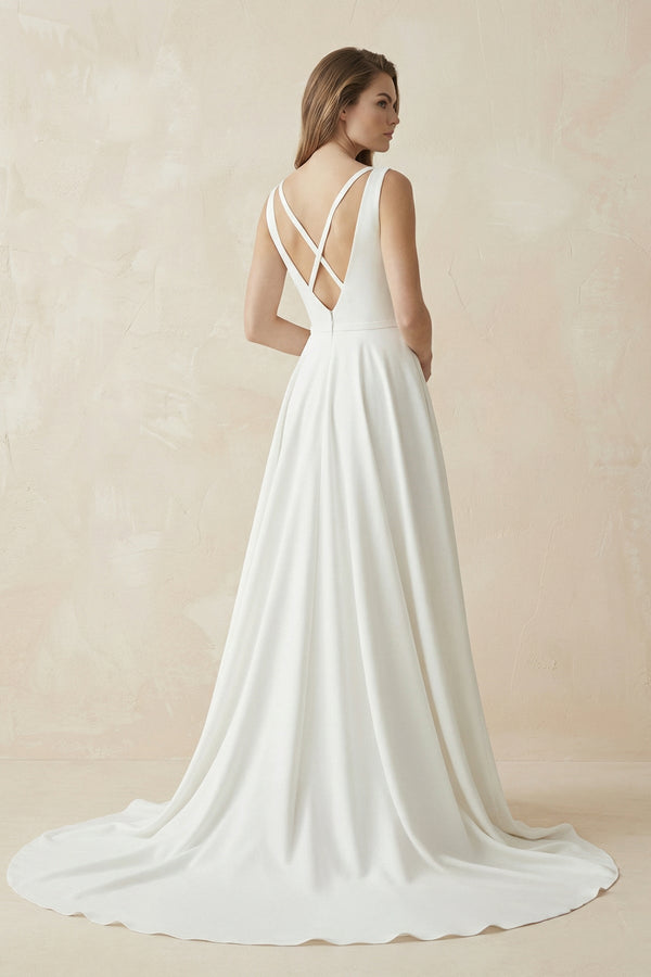 A - Line Satin V - Neck Wedding Dress With Illusion Corset - KissProm Wedding Dresses