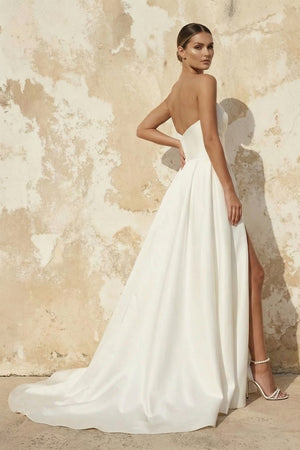 A-Line White Sleeveless Satin Wedding Dress With Side Slit – Wedding Dress by KissProm | Available at KissProm