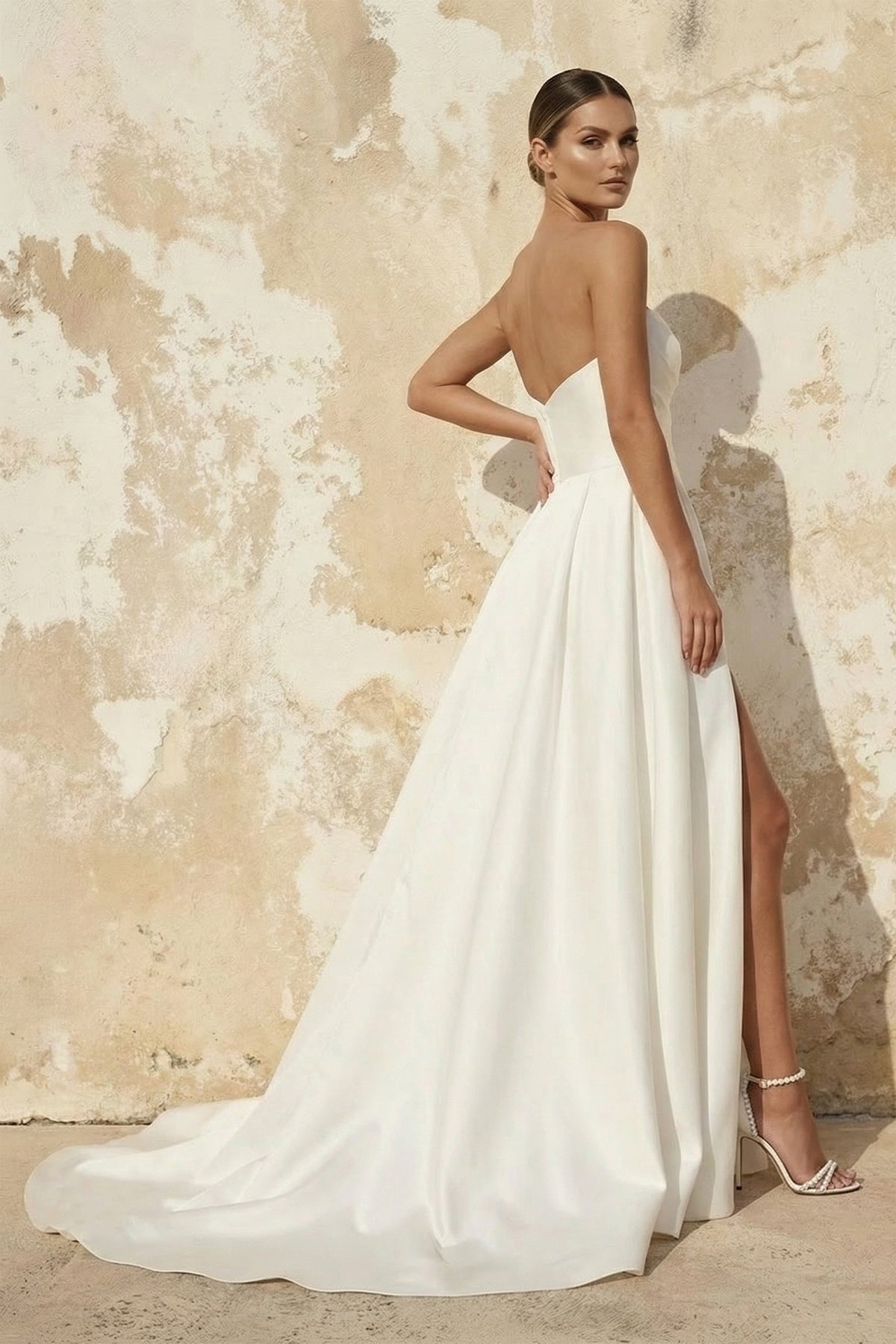 A-Line White Sleeveless Satin Wedding Dress With Side Slit, Diamond White / 16