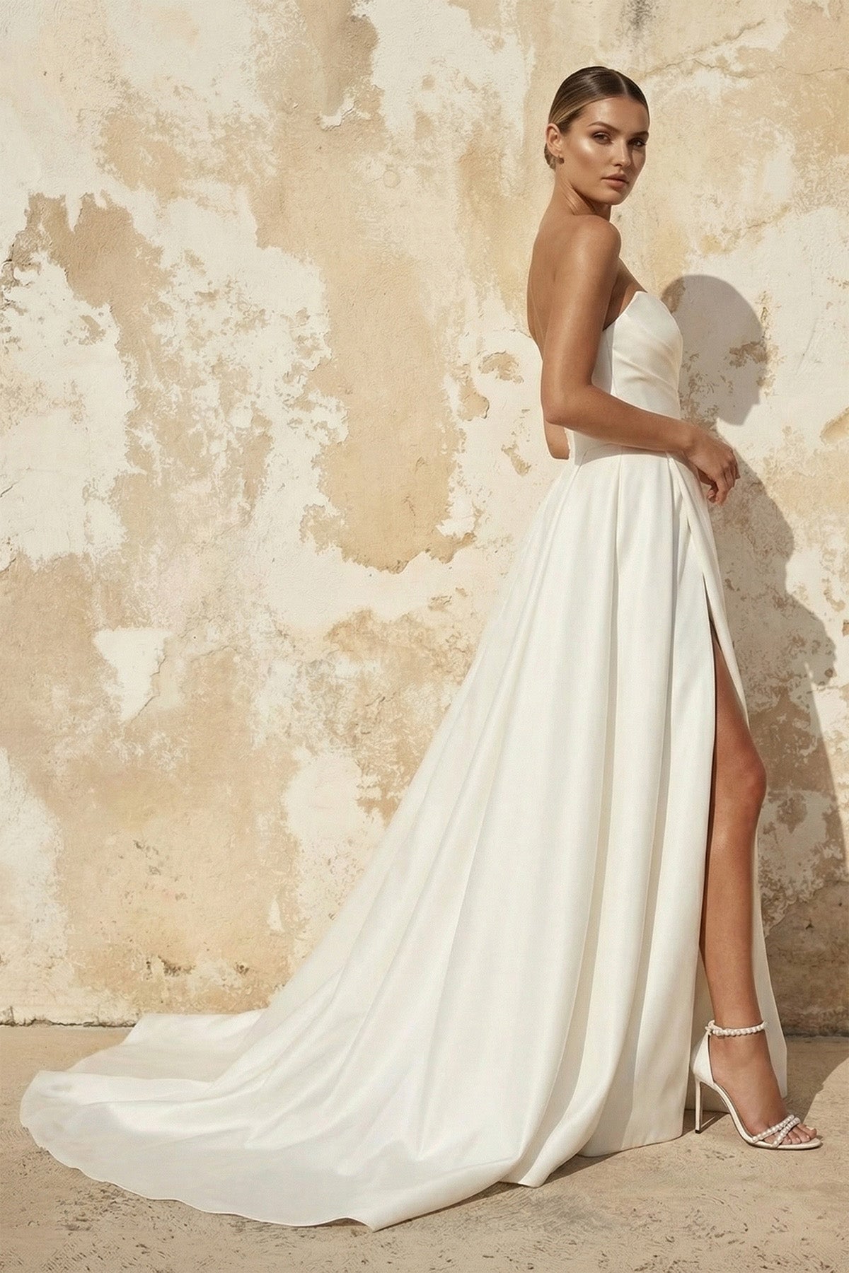 A-Line White Sleeveless Satin Wedding Dress With Side Slit