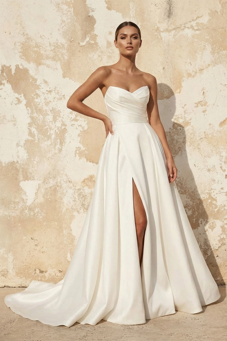 a line dress white KissProm A-Line Sleeveless Satin Wedding With Side Slit, Diamond White / 16 Introducing the Janalee A Cannes Film Festival 2025's vintage inspired dress Size:4-6