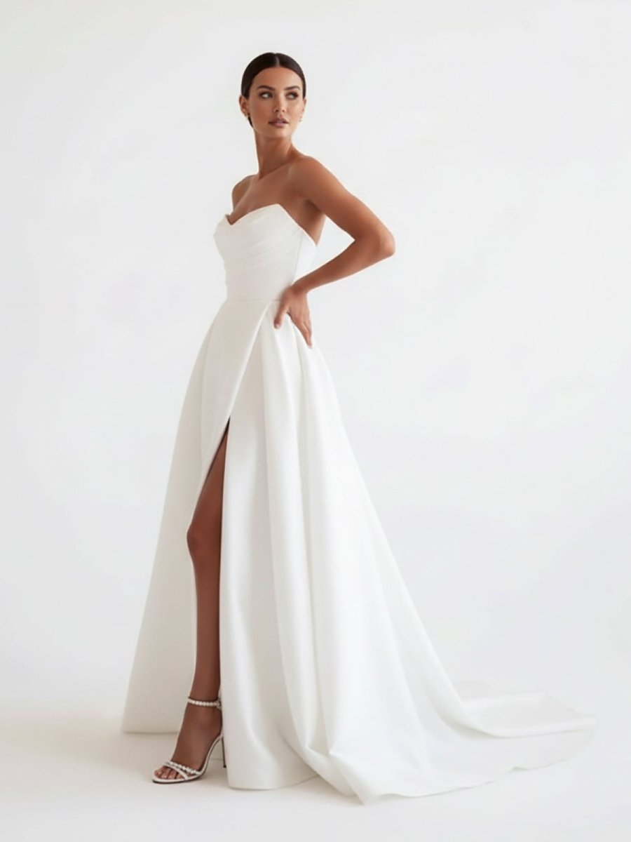 KissProm A-Line White Sleeveless Satin Wedding Dress With Side Slit, Diamond White / 16